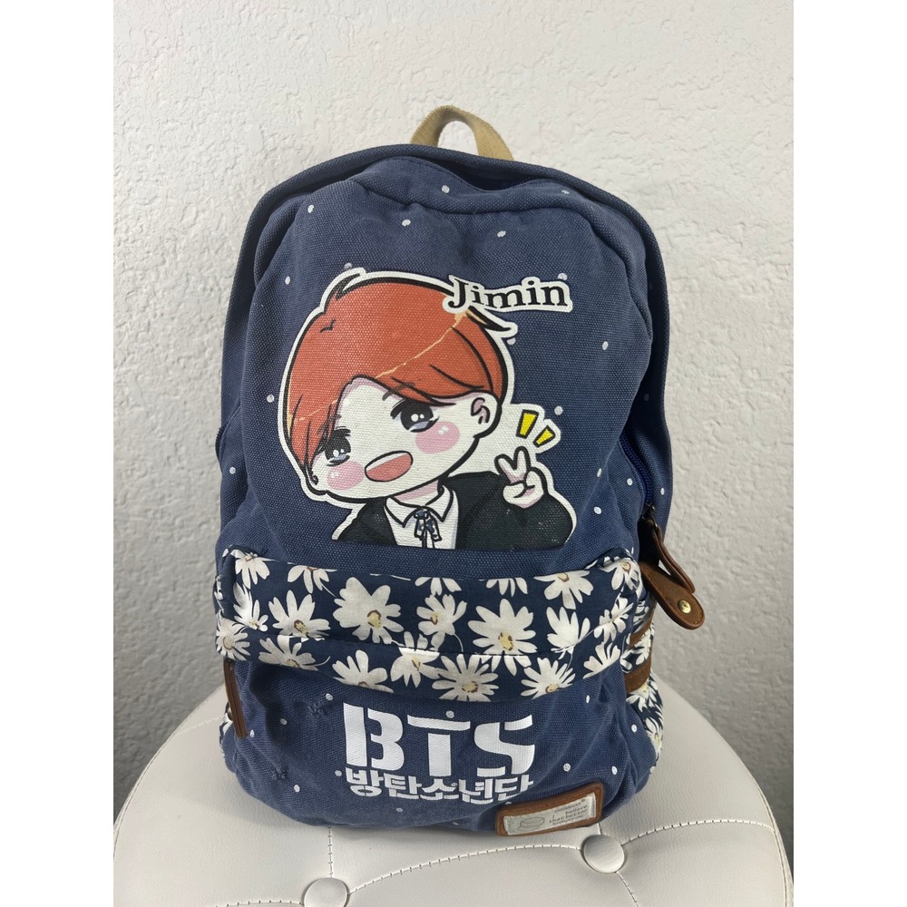 BTS Jimin K-Pop Backpack Blue Polka Dot Daisy Floral Canvas School Bag Kids